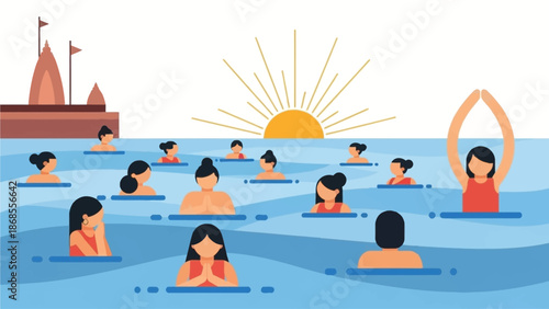 This flat design illustration portrays the sacred ritual of Ganga Snan, a holy bath taken in rivers during Makar Sakranti for purification and blessings.