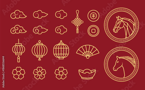 Chinese New Year Line Art Icon Set. Gold Outline Symbols Collection on Red Background. East Asian Culture Vector.