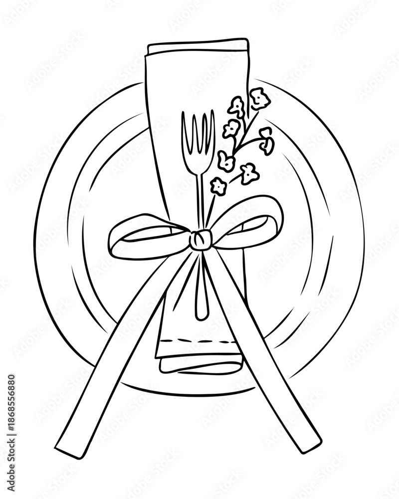 Ταπετσαρία Hand drawn table setting with plate, napkin, fork and decorative bow in elegant line style isolated on white background