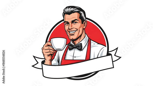 Vintage pin-up style male barista vector illustration smiling with coffee cup in cafe interior, flat solid colors, clean outlines, circular coffee bean logo badge, poster ready