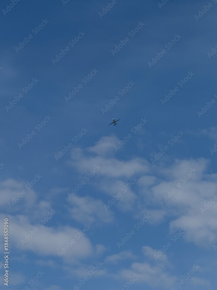 Obraz premium Airplane flying high in a clear blue sky during daytime, minimalistic aviation background with copy space. Concept of travel, freedom, transportation, and modern air travel.