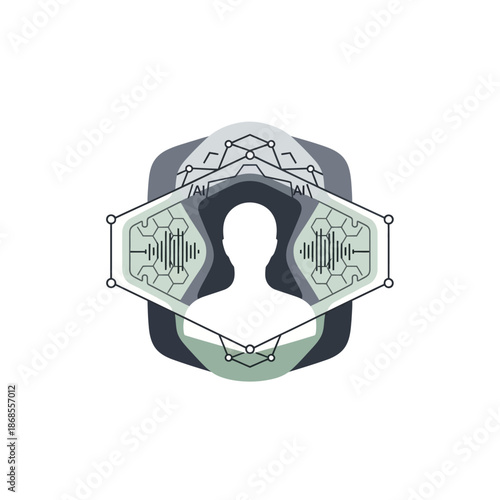 Abstract graphic of human and technology fusion, featuring a head silhouette with geometric patterns and digital waveforms, symbolizing artificial intelligence and data processing