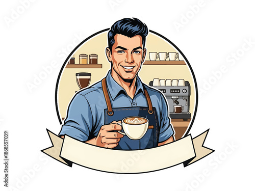Vintage pin-up style male barista vector illustration smiling with coffee cup in cafe interior, flat solid colors, clean outlines, circular coffee bean logo badge, poster ready