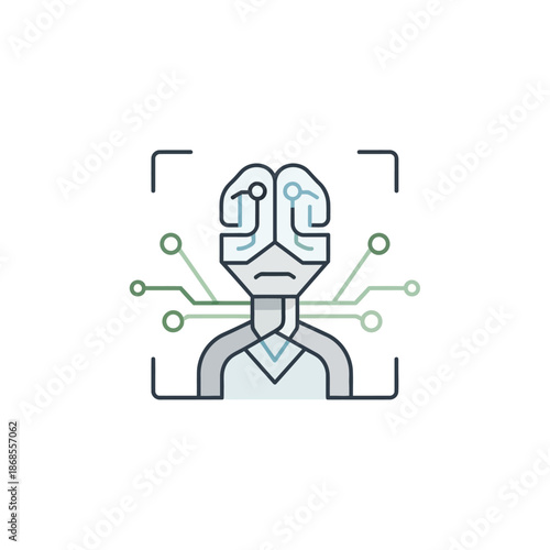 AI brain icon with circuit board connections and face recognition frame, representing artificial intelligence and futuristic technology