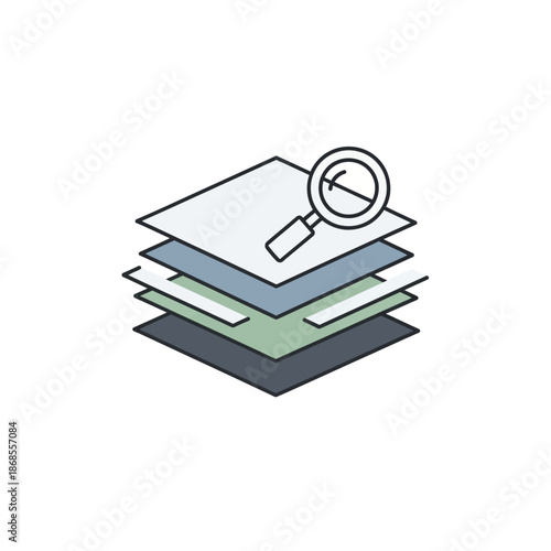 Layers of documentation stacked and examined under a magnifying glass, symbolizing research and analysis of information