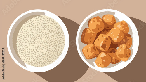 A clean flat design illustration featuring the essential ingredients of Makar Sakranti sweets, sesame seeds and jaggery, symbolizing traditional culinary delights.