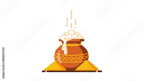 This flat design illustration depicts an overflowing pot of grains, a symbol of abundance and prosperity often associated with the harvest celebration of Makar Sakranti.