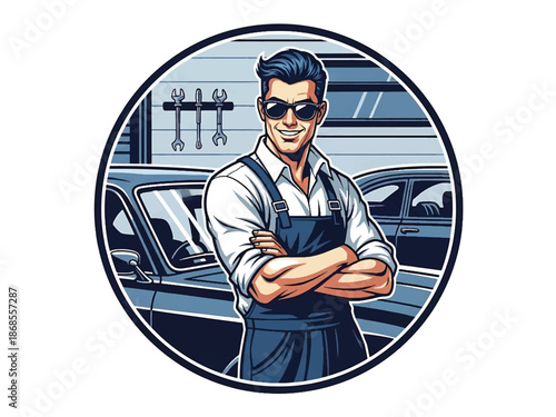 Vintage pin-up style male mechanic vector illustration leaning on classic car in retro garage, rolled sleeves, confident smile, flat solid colors, clean outlines, wrench logo badge
