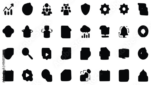Collection of hand-drawn, black and white UI icons representing diverse functions like settings, data, security, and user management.