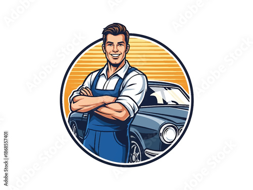 Vintage pin-up style male mechanic vector illustration leaning on classic car in retro garage, rolled sleeves, confident smile, flat solid colors, clean outlines, wrench logo badge