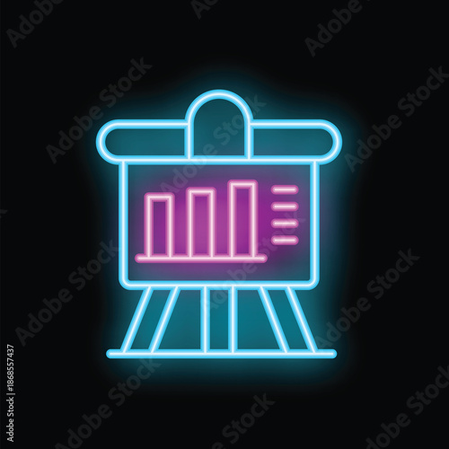 Neon icon of a flip chart with a growing chart on it, glowing on a black background