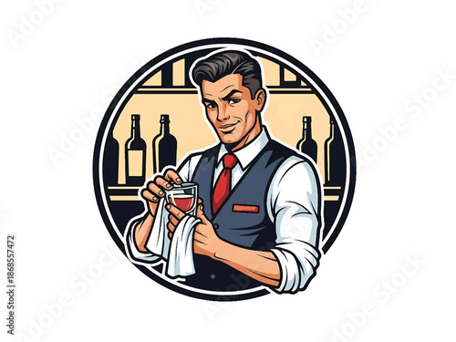 Vintage pin-up style male bartender vector illustration polishing a glass in classic bar interior, retro vest and tie, flat colors, clean outlines, cocktail logo badge, poster ready