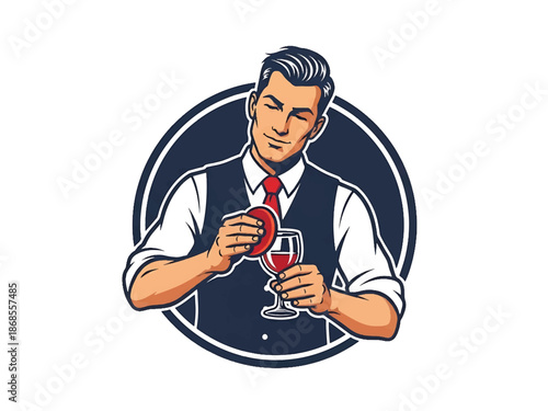 Vintage pin-up style male bartender vector illustration polishing a glass in classic bar interior, retro vest and tie, flat colors, clean outlines, cocktail logo badge, poster ready