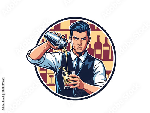 Vintage pin-up style male bartender vector illustration polishing a glass in classic bar interior, retro vest and tie, flat colors, clean outlines, cocktail logo badge, poster ready