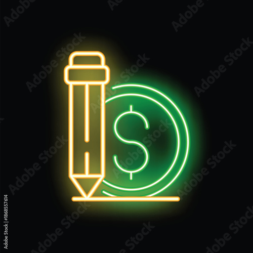 Glowing neon icon of a pencil signing next to a dollar coin, representing concepts like online business or digital contracts