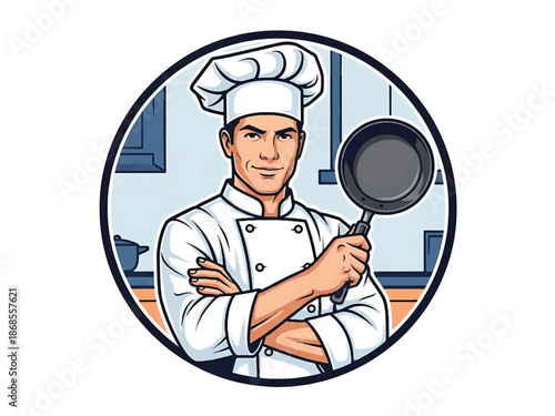 Vintage pin-up style male chef vector illustration holding frying pan in retro diner kitchen, 1950s attire, flat solid colors, clean outlines, fork and spoon logo badge, poster ready