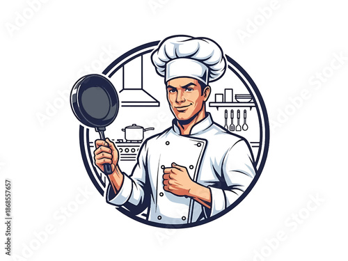 Vintage pin-up style male chef vector illustration holding frying pan in retro diner kitchen, 1950s attire, flat solid colors, clean outlines, fork and spoon logo badge, poster ready