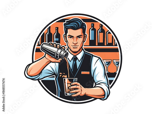 Vintage pin-up style male bartender vector illustration polishing a glass in classic bar interior, retro vest and tie, flat colors, clean outlines, cocktail logo badge, poster ready
