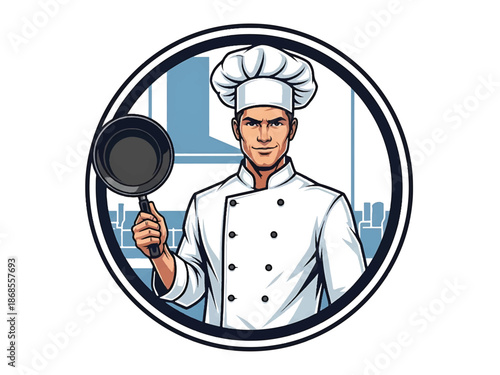 Vintage pin-up style male chef vector illustration holding frying pan in retro diner kitchen, 1950s attire, flat solid colors, clean outlines, fork and spoon logo badge, poster ready
