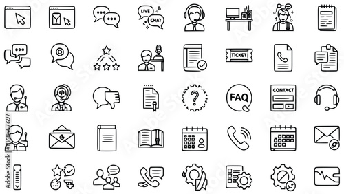 Collection of hand-drawn outline icons representing customer service, communication methods, feedback, and technical support solutions