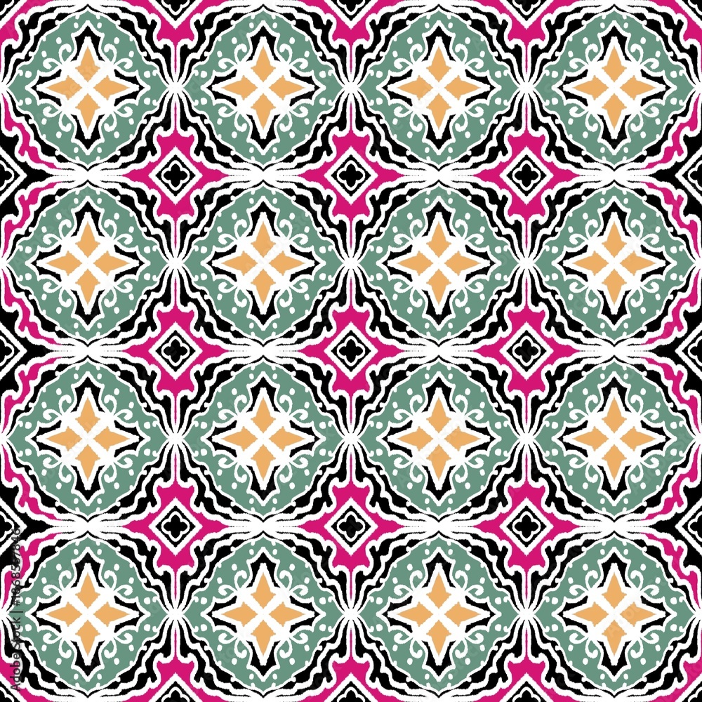Naklejka premium Green-Yellow Tribal Diamond Pattern on Black Layered tribal diamonds with yellow cross motifs, white flourishes on green, framed by black-white waves and magenta diamonds.
