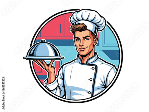 Vintage pin-up style male chef vector illustration holding frying pan in retro diner kitchen, 1950s attire, flat solid colors, clean outlines, fork and spoon logo badge, poster ready