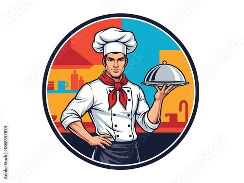 Vintage pin-up style male chef vector illustration holding frying pan in retro diner kitchen, 1950s attire, flat solid colors, clean outlines, fork and spoon logo badge, poster ready