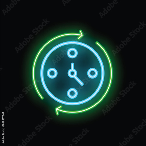 Neon sign showing the concept of time passing by with a classic clock face and two rotating arrows