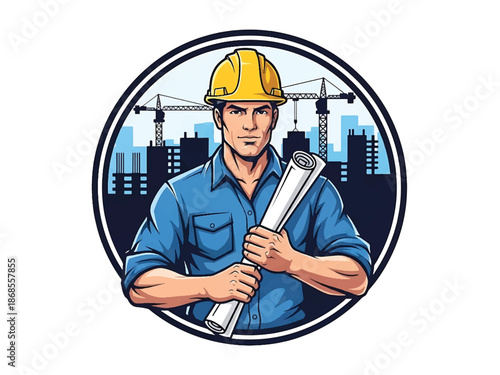 Vintage pin-up style male construction worker vector illustration with hard hat and blueprints, flat colors, clean outlines, construction silhouettes, building logo badge, poster ready