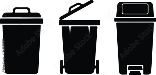 Silhouette collection of three different trash can icons Vector Illustration