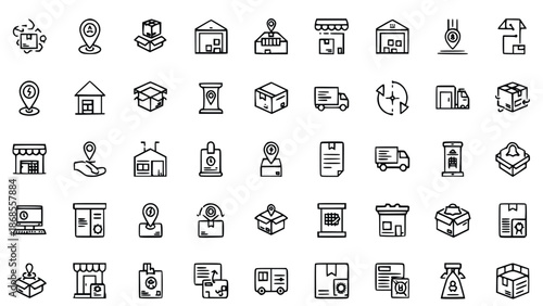 Collection of outline icons illustrating global logistics, package tracking, storage, and local delivery services comprehensively.