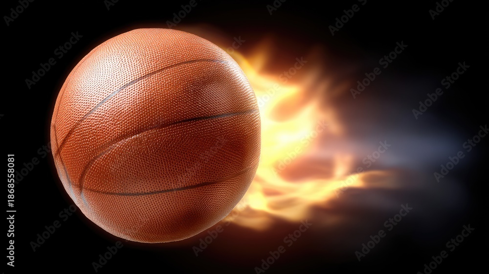 Fototapeta premium Basketball flying through air with flames on a black background in high-resolution design