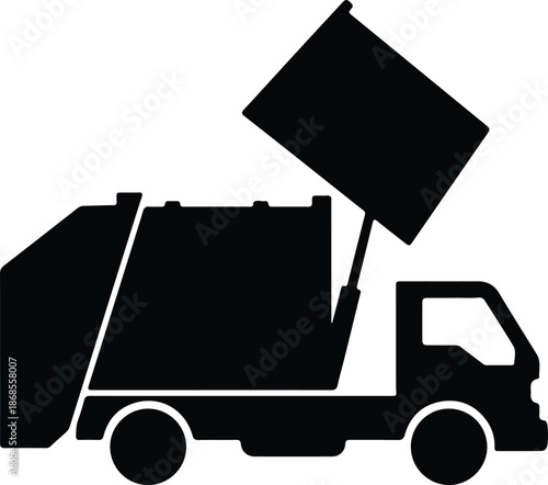 Silhouette garbage truck emptying refuse bin into compactor vector illustration