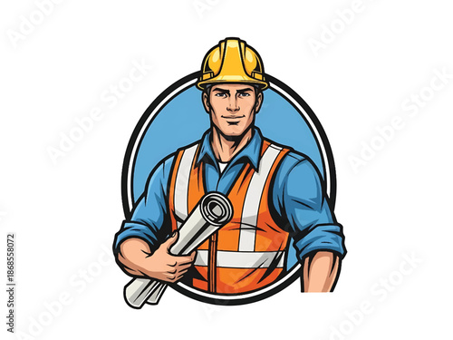 Vintage pin-up style male construction worker vector illustration with hard hat and blueprints, flat colors, clean outlines, construction silhouettes, building logo badge, poster ready