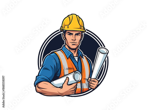 Vintage pin-up style male construction worker vector illustration with hard hat and blueprints, flat colors, clean outlines, construction silhouettes, building logo badge, poster ready