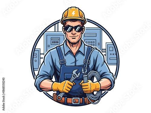 Vintage pin-up style male electrician vector illustration holding tools and cable in workshop, flat colors, clean outlines, power panels, lightning logo badge, poster ready