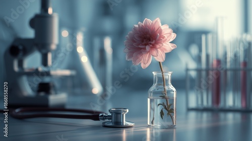 Laboratory scene with microscope, test tube, stethoscope and flower symbolizing preimplantation testing and embryo assessment in a fertility clinic context.