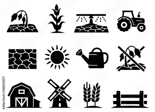 Glyph agriculture icons set featuring drought, irrigation, crops, and farming equipment for environmental sustainability and climate challenges