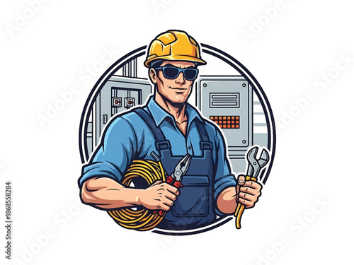 Vintage pin-up style male electrician vector illustration holding tools and cable in workshop, flat colors, clean outlines, power panels, lightning logo badge, poster ready