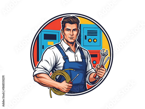 Vintage pin-up style male electrician vector illustration holding tools and cable in workshop, flat colors, clean outlines, power panels, lightning logo badge, poster ready