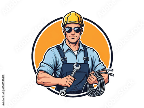 Vintage pin-up style male electrician vector illustration holding tools and cable in workshop, flat colors, clean outlines, power panels, lightning logo badge, poster ready