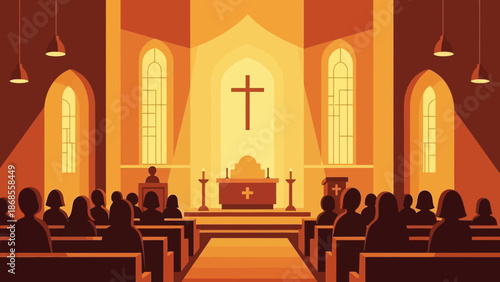 Interior of a church with stained glass windows and pews filled with people attending a service