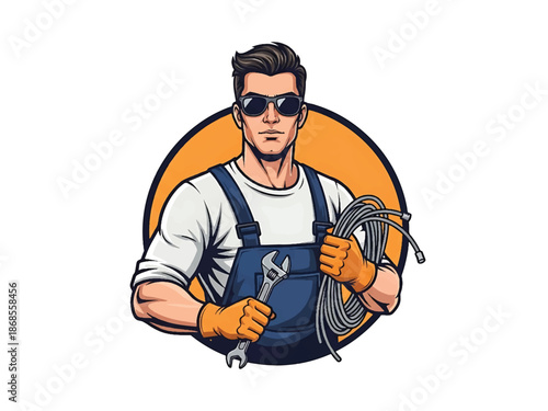 Vintage pin-up style male electrician vector illustration holding tools and cable in workshop, flat colors, clean outlines, power panels, lightning logo badge, poster ready