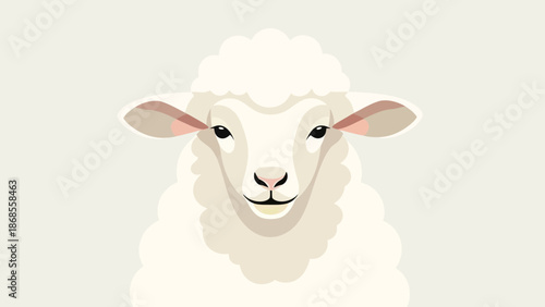 A close-up illustration of a fluffy white sheep's face with soft eyes and a gentle expression, set against a muted background