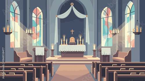 Interior of a beautiful church with stained glass windows, altar, pews, and prayer candles