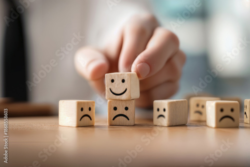 Customer Support Concept with Hand Arranging Smiling and Sad Face Wooden
