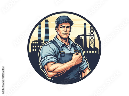 Vintage pin-up style male factory worker vector illustration operating machinery with gears, flat colors, clean outlines, industrial factory interior, gear logo badge, poster ready
