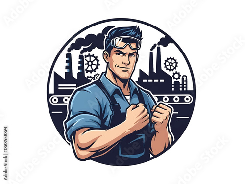 Vintage pin-up style male factory worker vector illustration operating machinery with gears, flat colors, clean outlines, industrial factory interior, gear logo badge, poster ready