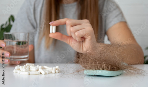 Bild auf Leinwand Woman holding vitamin capsules and a glass of water
