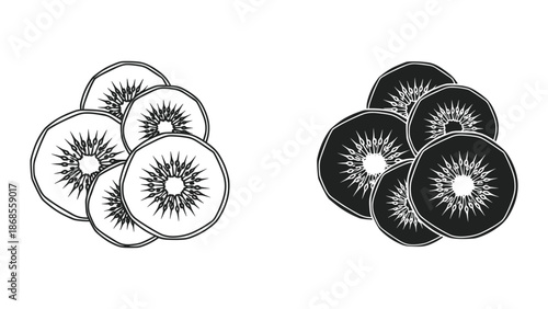 Black and white illustration of kiwi fruit slices